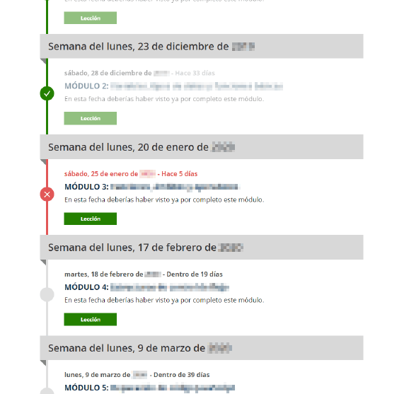 Ejemplo de cómo ve un alumno el calendario que incorpora la Plataforma SELF