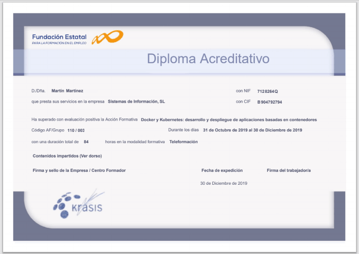 Imagen de un diploma de Fundae entregado por la plataforma SELF