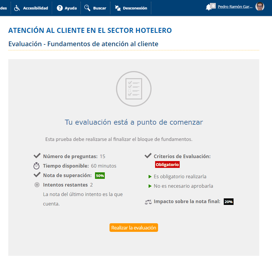 Imagen de información previa a la realización de una evaluación en SELF