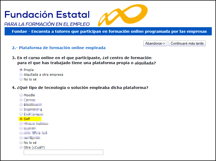 Captura de pantalla de la encuesta de Fundae a tutores en 2019, siendo SELF una de las pocas plataformas incluidas por defecto en lista