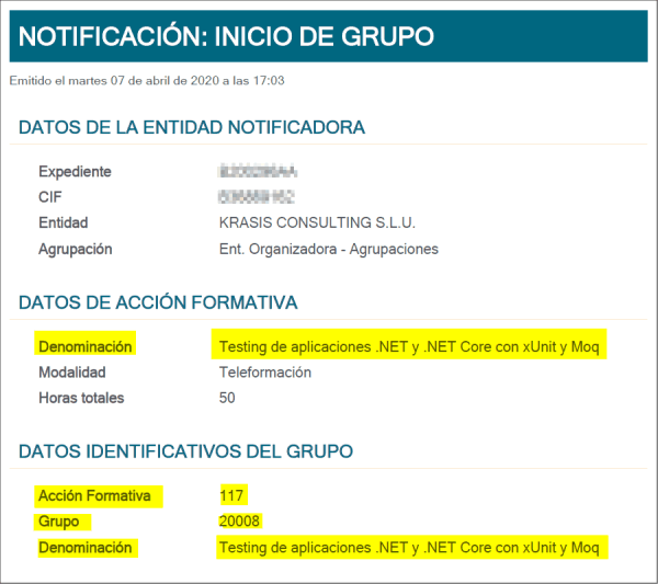 Fragmento del PDF de inicio de curso descargado de la aplicación de Fundae