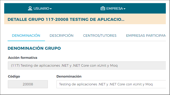 En la imagen se ve el código y la denominación de un grupo en la aplicación de Fundae