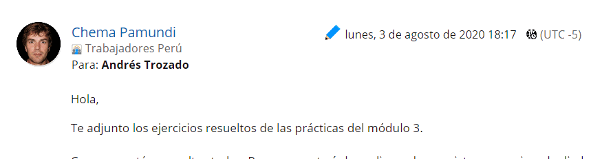 Captura de un mensaje de ejemplo en el que se indicada la zona horaria de un alumno para información de su tutor