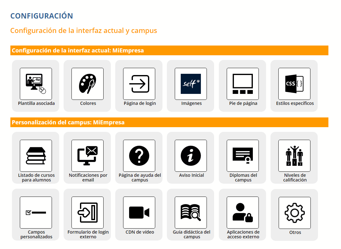 Opciones de personalización de un campus en SELF