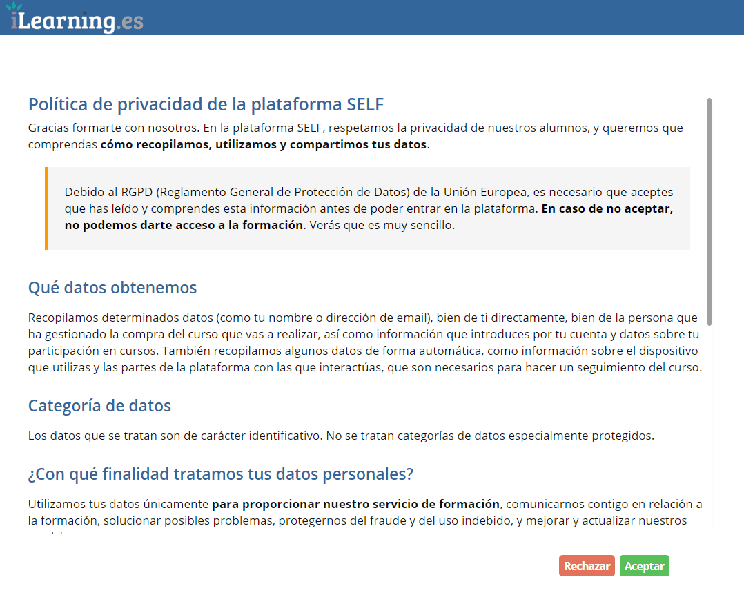 La figura muestra un ejemplo de aviso con condiciones legales que los alumnos deben aceptar la primera vez para poder acceder a la plataforma