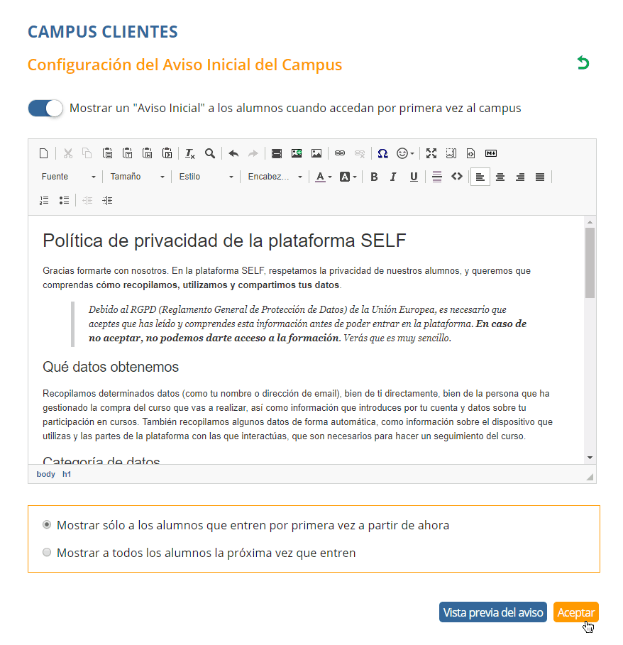 Captura de la configuración básica del mensaje inicial para alumnos en un campus de SELF