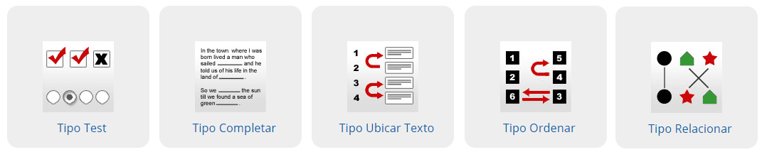 La imagen muestra diferentes tipos de preguntas que se pueden crear con la plataforma de e-learning SELF