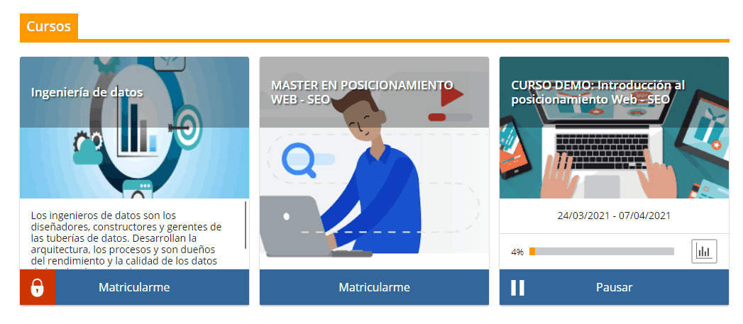 Imagen de un par de cursos de un catálogo con posibilidad de automatriculación