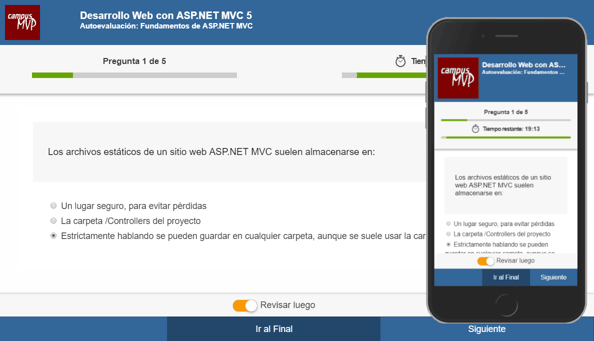 Imagen de una evaluación en la plataforma SELF, escritorio y móvil, con la opción de marcar para revisión