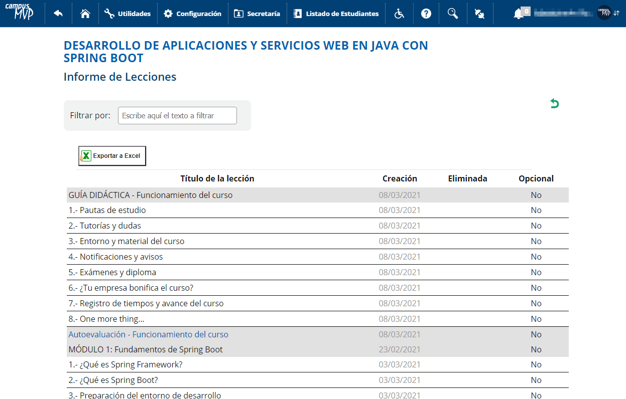 Imagen del informe de lecciones de un curso en la plataforma SELF