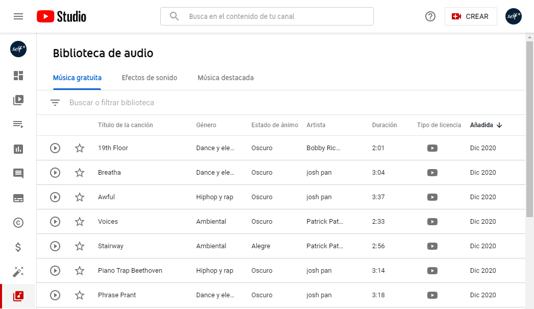 La figura muestra una captura de la biblioteca de audio de YouTube