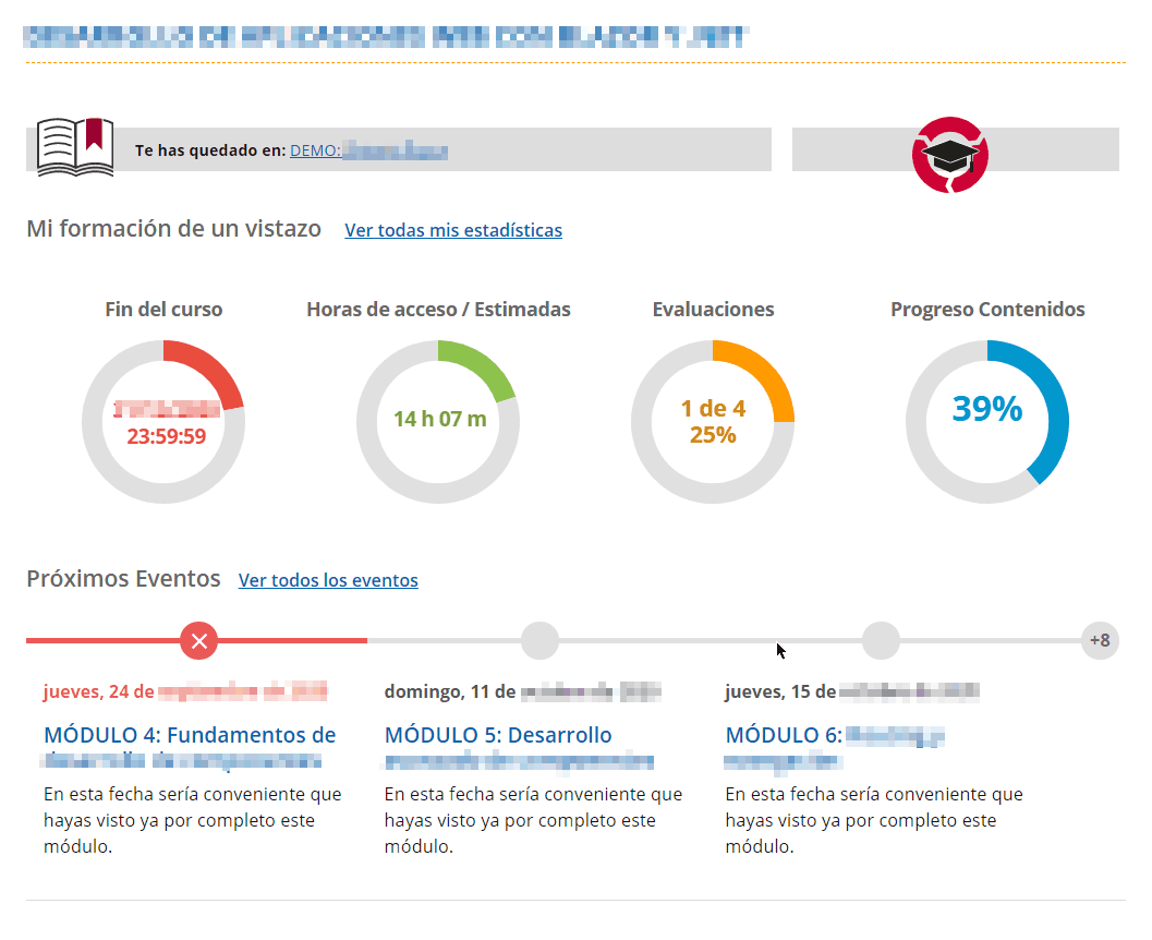 La imagen muestra la información general de tracking en la portada del alumno