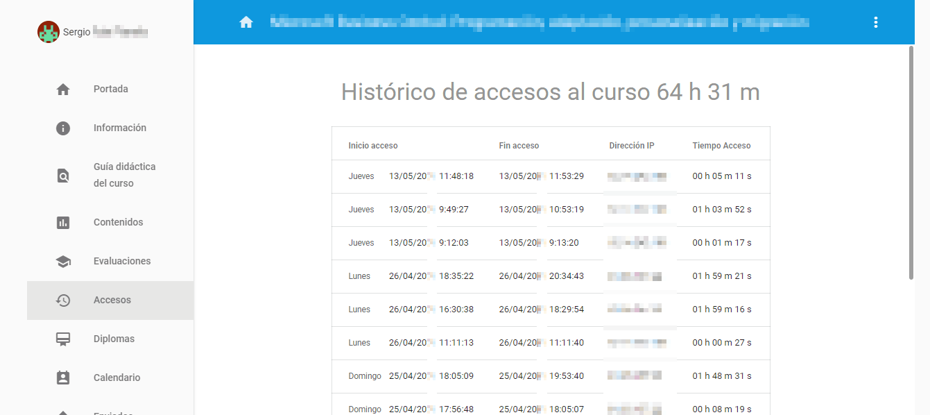 Listado de sesiones de un alumno en sus estadísticas