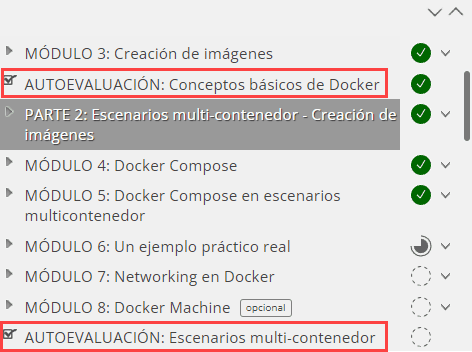 Índice de un curso online con autoevaluaciones intercaladas por bloques