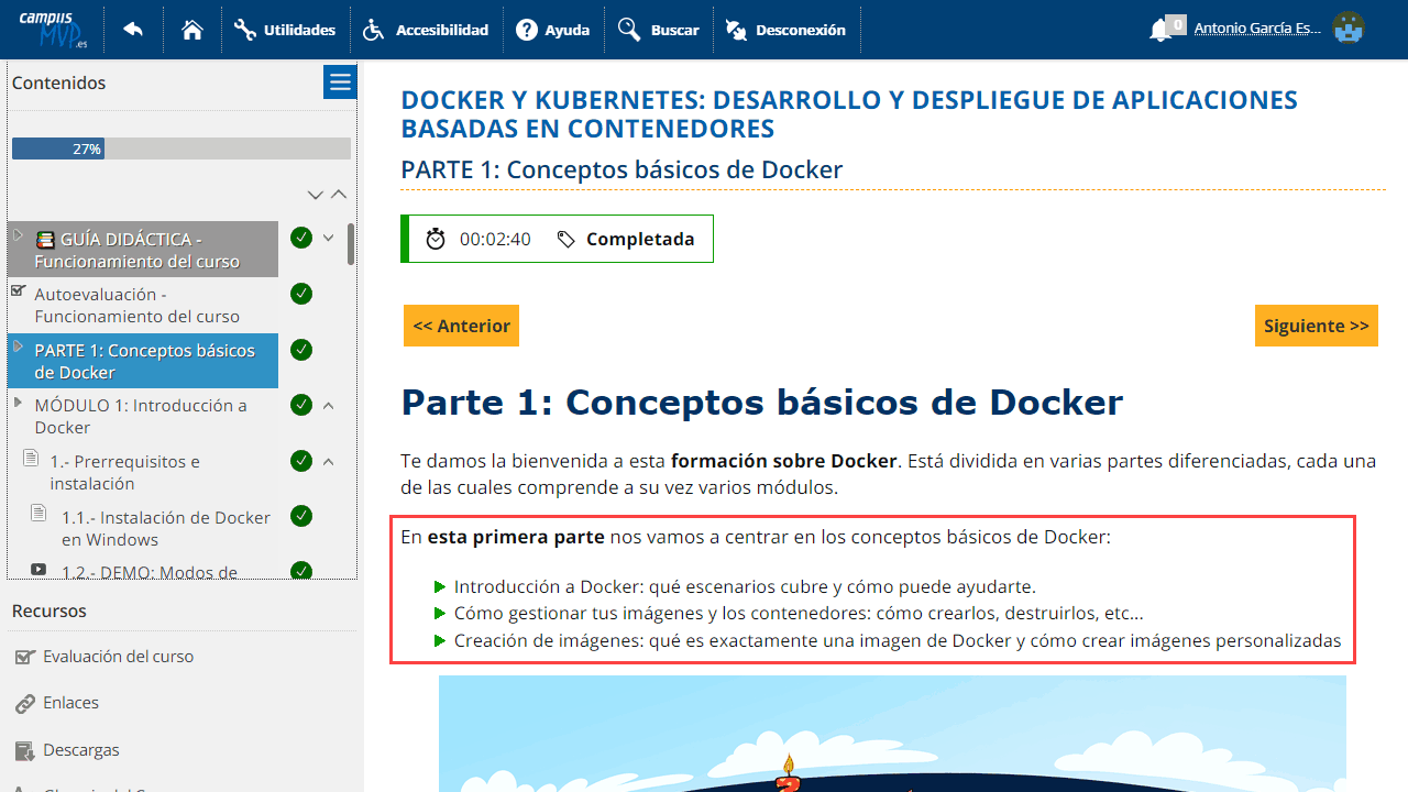 Captura de una lección de introducción, con los objetivos, en el LMS SELF