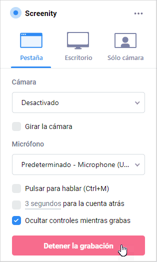 El diálogo de Screenity mientras grabas