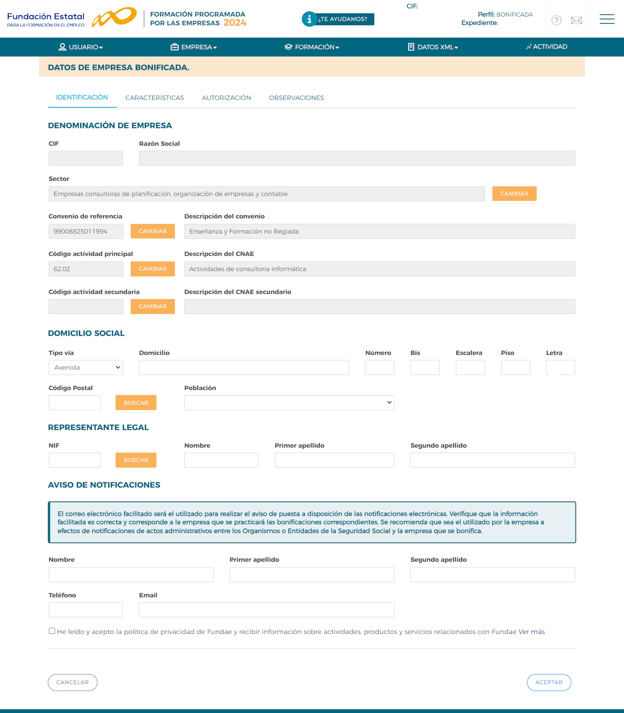 Captura del formulario de Fundae para los datos de la empresa